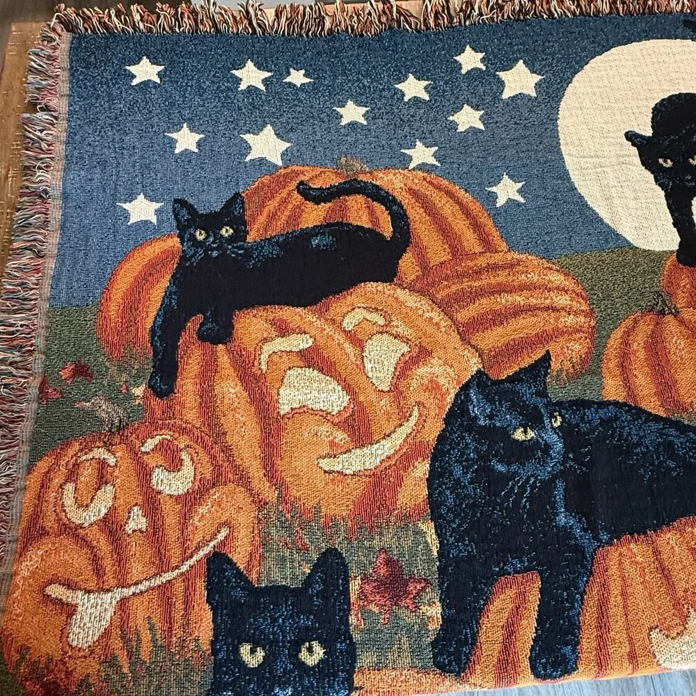 Halloween Black Cat Pumpkin Tapestry Autumn Fall Decor Blanket Throw 63